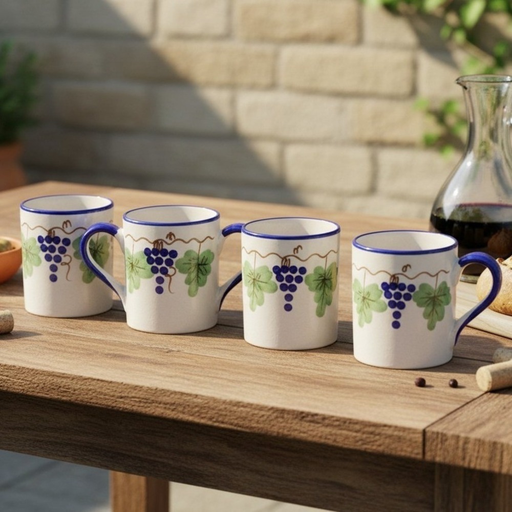 Giovanni Vietri Italy Hand Painted Grape Coffee Cups Set of 4 Majolica